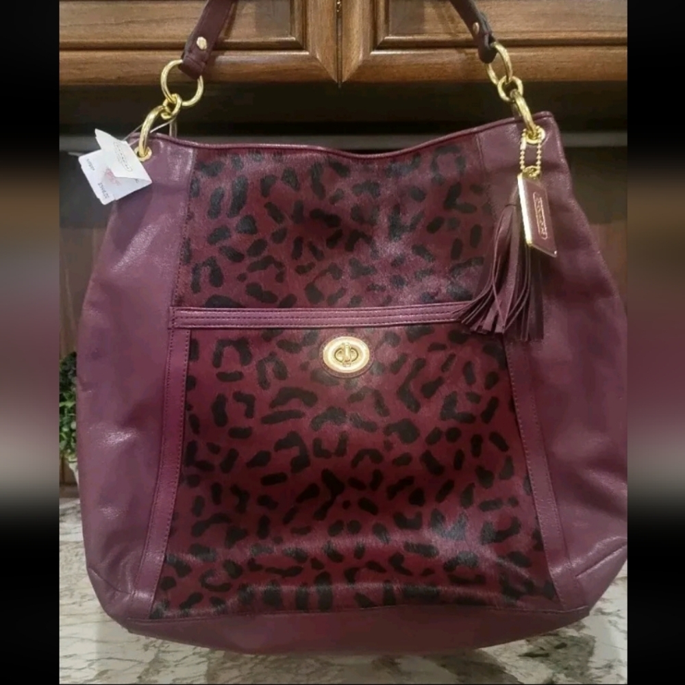 NWT Coach Burgundy Leopard Haircalf Leather Turnlock Large Hobo Shoulder Purse - Picture 12 of 13